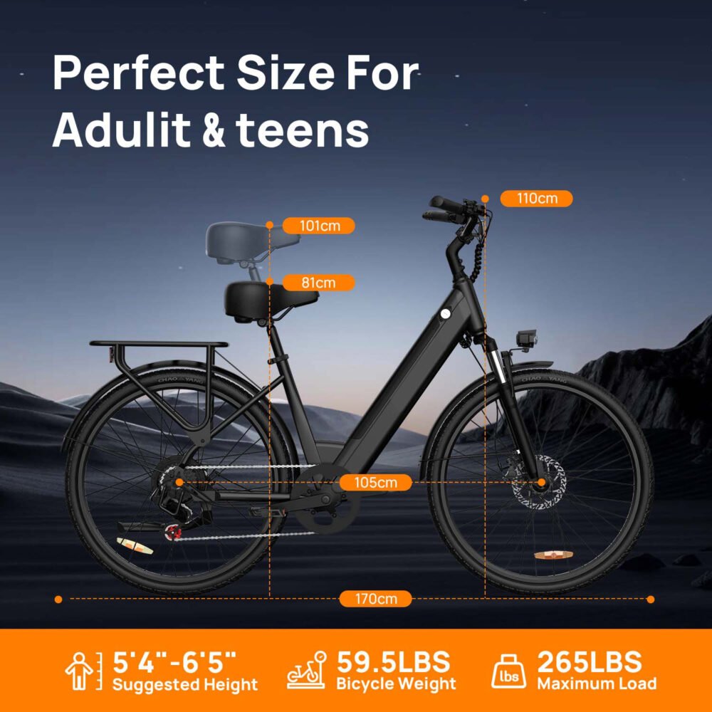 26" Electric Bike for Adults, 750W Peak Motor Ebike, 48V 10.4Ah Removable Battery, 60-Mile Max Range & 20MPH Commuter E-Bike, Front Suspension & 7-Speed Ebikes