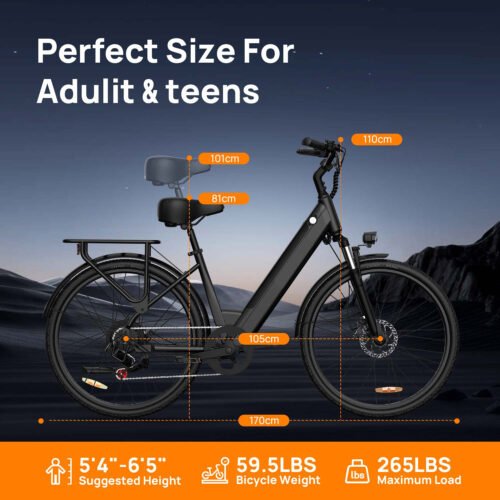 26" Electric Bike for Adults, 750W Peak Motor Ebike, 48V 10.4Ah Removable Battery, 60-Mile Max Range & 20MPH Commuter E-Bike, Front Suspension & 7-Speed Ebikes